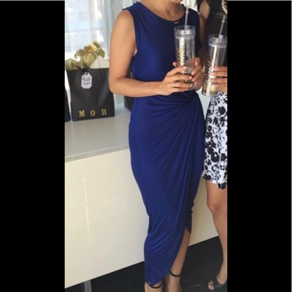 Blue dress w/ twist design, asymmetric midi hem